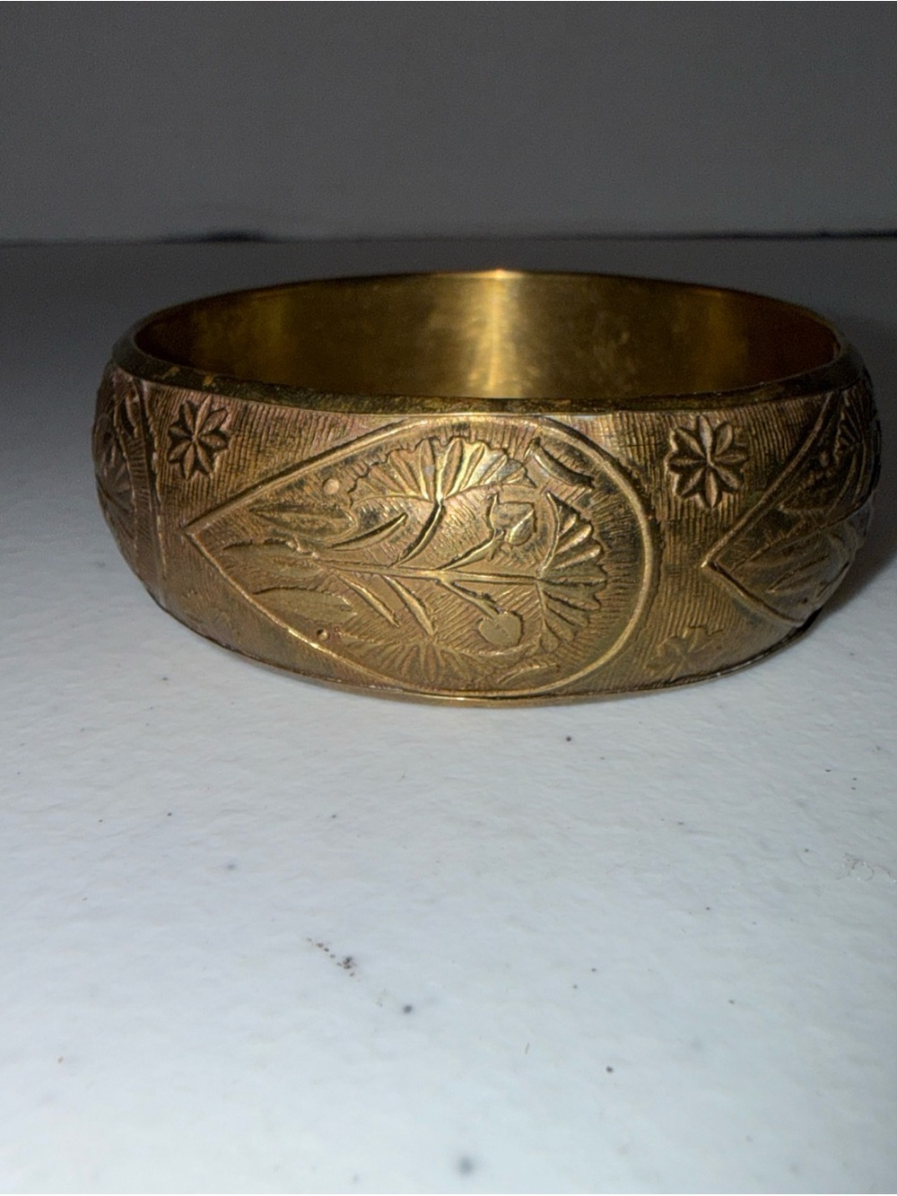 Etched Floral Brass Bangle Bracelet in Warm Gold Tone 7/8” wide